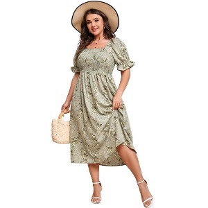 Womens Puff Sleeve Summer Maxi Dress Plus Size Smocked Ruffle Square Neck Casual Dress Cute Floral Long Dress Green 4XL - 1 of 4