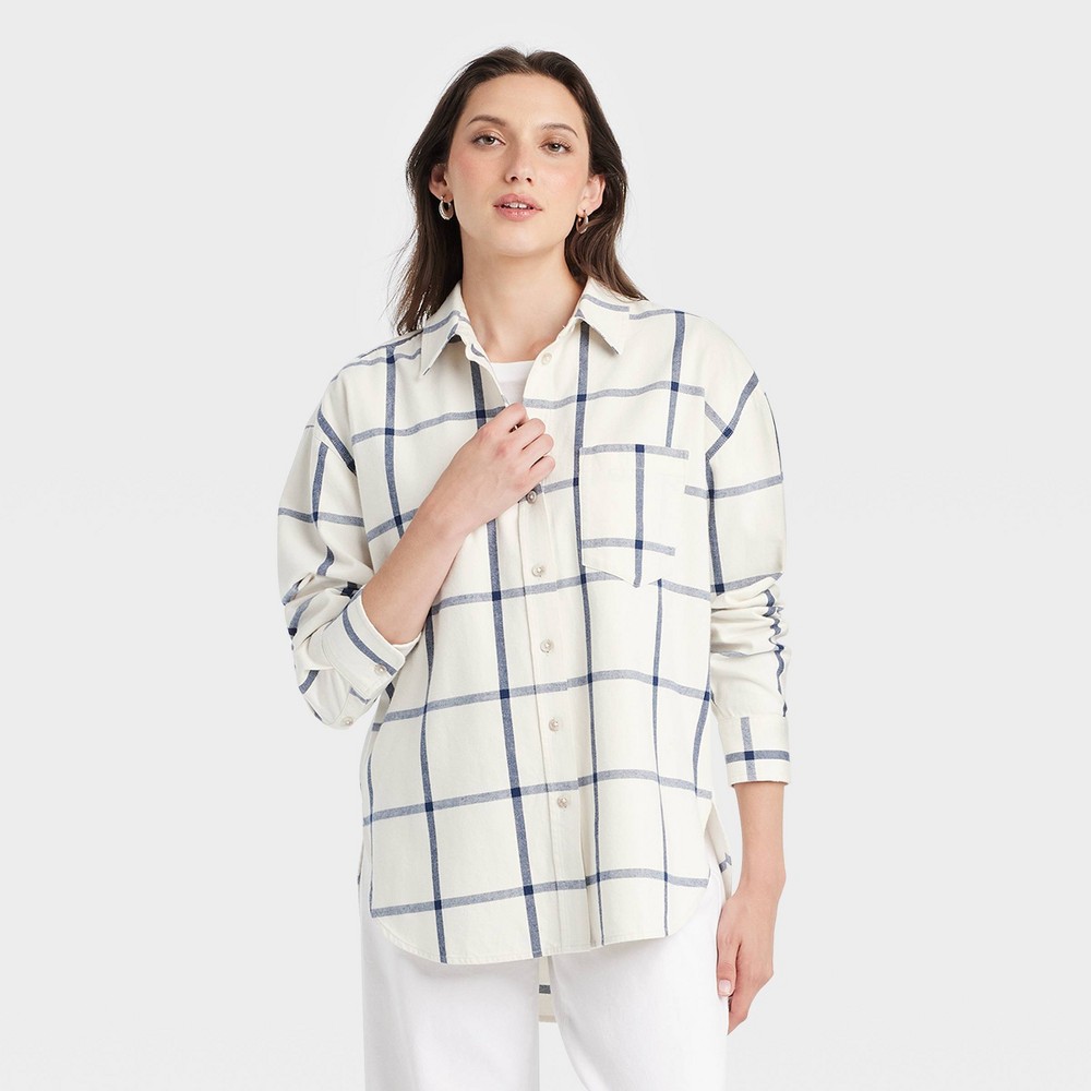 Women's Oversized Flannel Long Sleeve Collared Button-Down Shirt - Universal Thread™ White Plaid XS