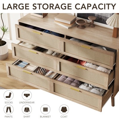 6 Drawer Dresser, 47 Inch Natural Rattan Chest of Drawer, Large Wooden Dresser with 5 Solid Wood Legs, Farmhouse Dresser for Bedroom, Living Room,