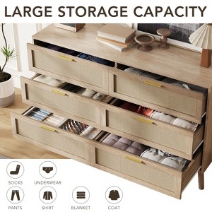 6 Drawer Dresser, 47 Inch Natural Rattan Chest of Drawer, Large Wooden Dresser with 5 Solid Wood Legs, Farmhouse Dresser for Bedroom, Living Room, - 1 of 4