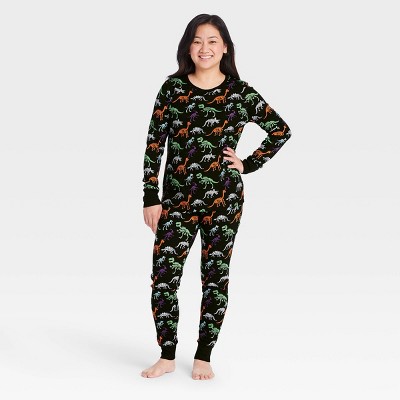 Women's Halloween Dino Skeleton Print Matching Family Pajama Set - Black XS