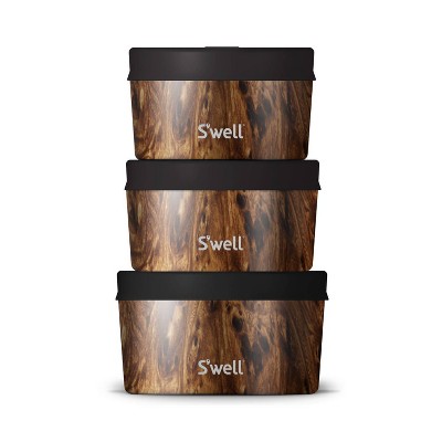 S'well Food Canister Set Teakwood: Stainless Steel Storage, Dishwasher-Safe, Silicone Lid, 3-Piece Set