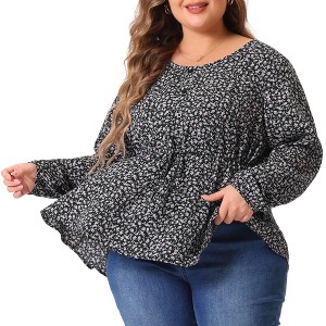 Agnes Orinda Women's Plus Size Round Neck Button Up Puff Floral Long Sleeve Casual Peplum Blouses - 1 of 4