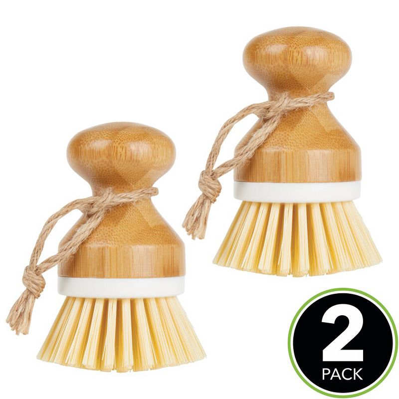 mDesign Bamboo Non-Scratch Dish Scrubber Cleaning Brush, 2 Pack, 2 of 6