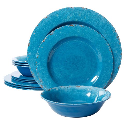 Gibson Studio California Mauna 12 Piece Melamine Dinnerware Set in Blue  Crackle Look Decal