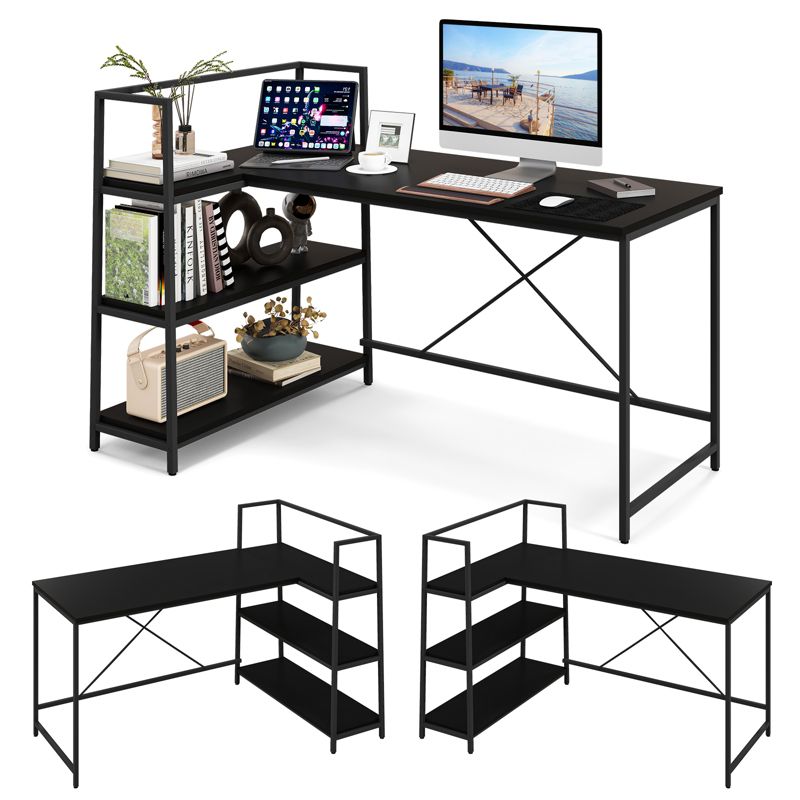 Costway Reversible L Shaped Computer Desk Corner Workstation with 3-Tier Open Shelf, 1 of 11