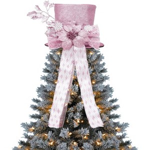 Christmas Tree Topper Bow, 9.84" Glitter Tree Decoration with Spruce Branch, Holiday Bow Ornament for Christmas Tree or Snowman - 1 of 4