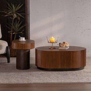 Oval Nesting Coffee Table Set of 2,Walnut Modern Fluted Wooden Center Tables with Wave Edge,35'' & 23'' Living Room Accent-Baofuwish - 1 of 4
