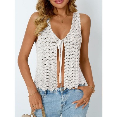 Women's White Crochet Tank Top, Adjustable Tie Front Sleeveless Summer Shirt