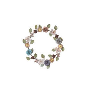 Storied Home Round Hand-Painted Metal Vintage Reproduction Toleware Floral Wreath, Distressed Rust Finish, Multicolor - 1 of 1