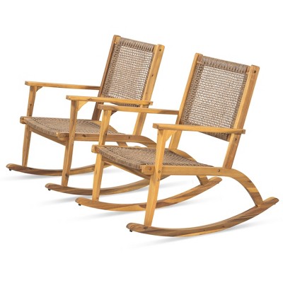 Infurnic Patio Dining Chairs 2-Piece Wicker Rocking Chair Set Wood Wicker Rattan Seat and Backrest for Backyard, Beige, 24.68"*41.81"*37.5"