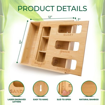 Palm Naki Bamboo Slotted Ziplock Bag Organizer for Kitchen