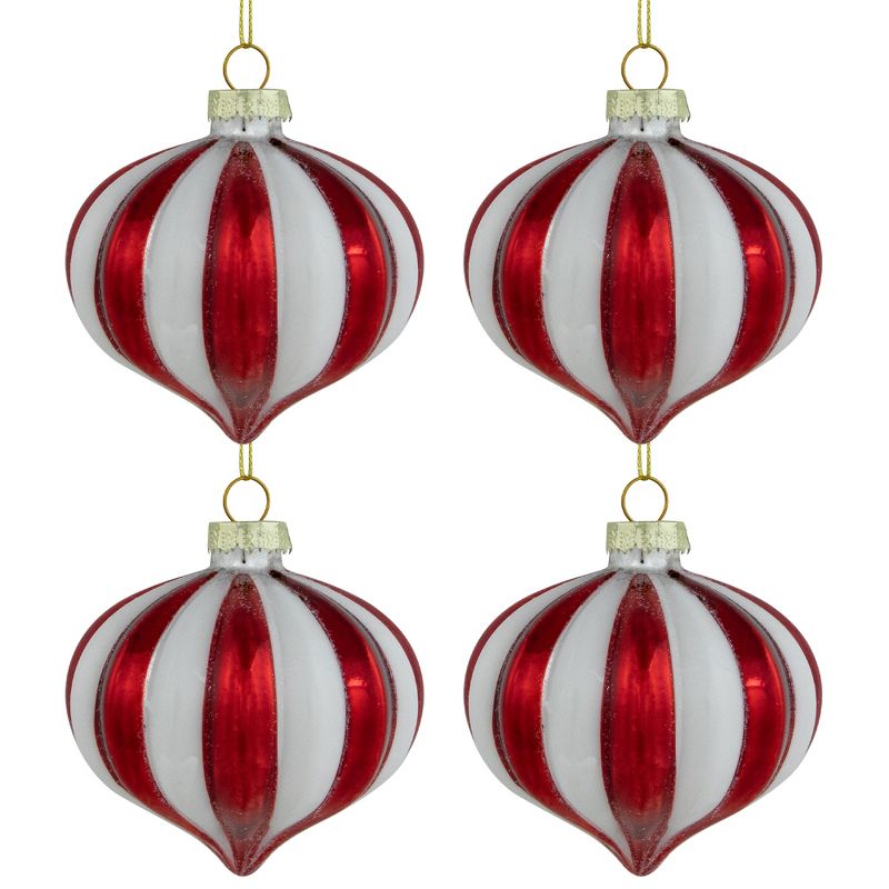 Northlight 4ct Red and White Glittered Candy Cane Onion Glass Christmas Ornaments 3", 5 of 6