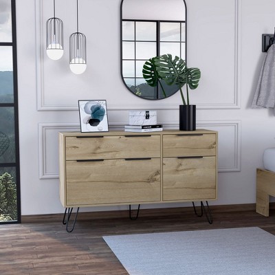 Light Wood Double Dresser with Hairpin Legs and Soft Close Drawers
