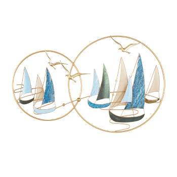 30"x48" Metal Sail Boat Wall Decor with Gold Circle Frames and Shimmer Details Blue - Olivia & May