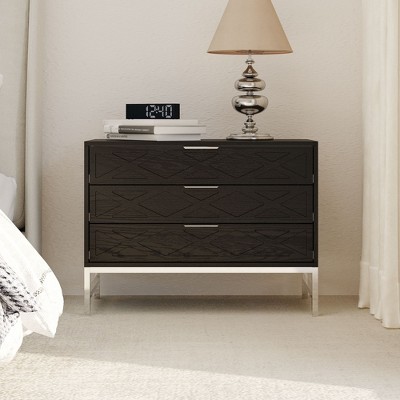 FUFU&GAGA Modern Black Nightstand: 3 Drawers with Geometric Textures, Metal Legs – Elevate Bedroom Style