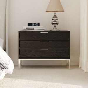 FUFU&GAGA Modern Black Nightstand: 3 Drawers with Geometric Textures, Metal Legs – Elevate Bedroom Style - 1 of 4