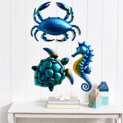 Blue and Green Metal Crab Wall Sculpture