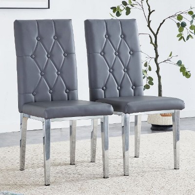 CAVINAS Set of 4 Modern Black PU Dining Chairs with Grid Quilting and Silver Metal Legs, Armless Dining Chairs for Kitchen, Dining Room