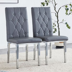 CAVINAS Set of 4 Modern Black PU Dining Chairs with Grid Quilting and Silver Metal Legs, Armless Dining Chairs for Kitchen, Dining Room - 1 of 4