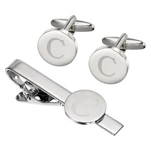Unique Bargains Copper Engraved Initial Men Cufflinks and Tie Clip Bar Set Silver - 1 of 4