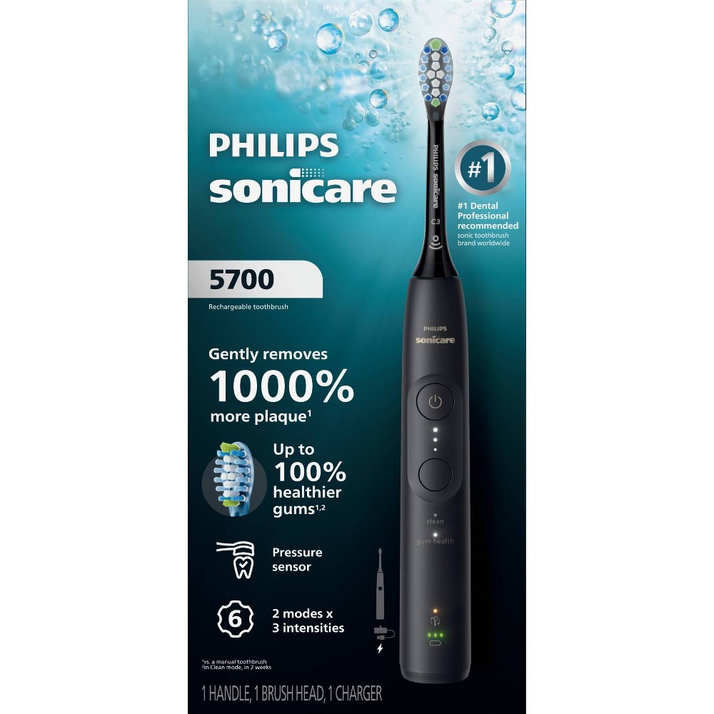 Philips Sonicare 5700 Rechargeable Electric Toothbrush - Black: Includes Brush Head, Medium Nylon Bristles, Full Head