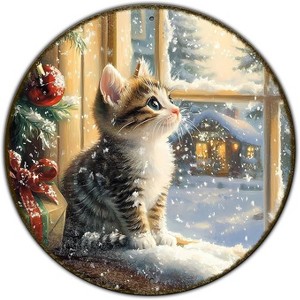 Lomsoe Round Christmas Sign Cats Vintage Metal Sign Christmas Kitten Retro Tin Sign Wall Decor for Home Office Bar Club Man Cave 8 * 8 in - 1 of 1