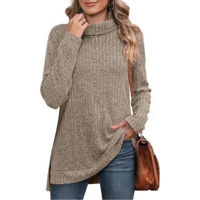 Womens Tunic Tops Turtleneck Long Sleeve Shirts Oversized Fall Sweaters Side Split High Low Hemline