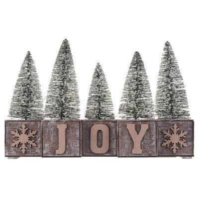 JOY Wood Blocks with LED Christmas Decor - Haute Décor: Indoor MDF Bristle Tree Scene, Timer Function