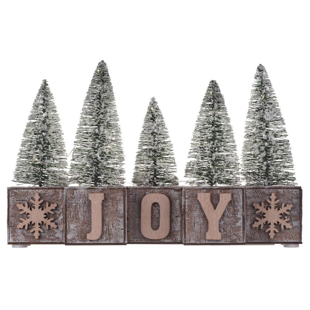 JOY Wood Blocks with LED Christmas Decor - Haute Décor: Indoor MDF Bristle Tree Scene, Timer Function