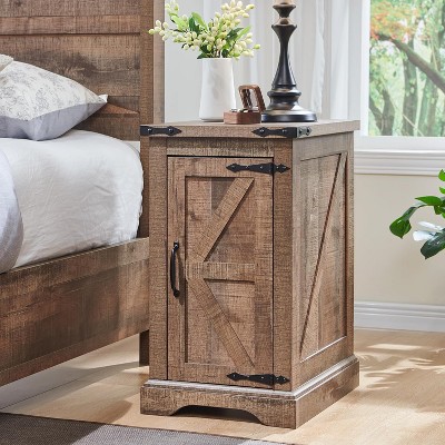 Farmhouse Nightstand with Charging Station & Barn Door & Adjustable Shelf, Rustic Sofa Side Table for Living Room, Bedroom
