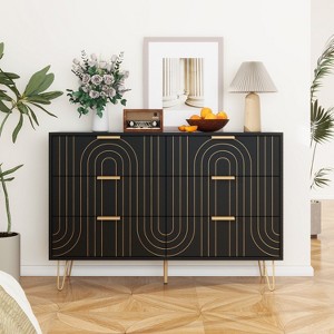 Okak 6-Drawer Dresser with Carving Design,Modern Black&Gold Geometric Dresser,Stylish Chest of Drawers,Wide Storage Cabinet with Legs - 1 of 4
