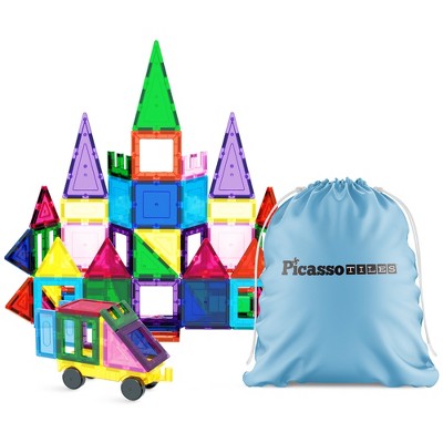 PICASSO-TILES 61 pc Magnetic Tiles, STEM Building Blocks Set with Carry Bag, Educational Toy for Kids
