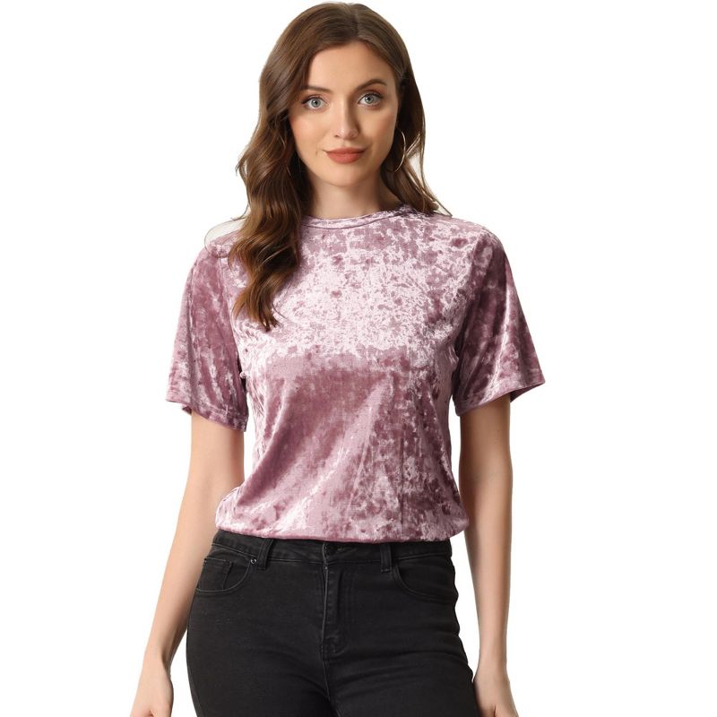 Allegra K Women's Regular Fit Velvet Solid Round Neck Short Sleeve T-Shirt, 1 of 6
