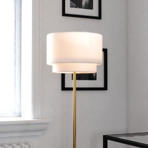 VAXCEL Burnaby Gold Brass Mid-Century Modern Floor Lamp White Linen Shade Pull Chain Switch - 1 of 4