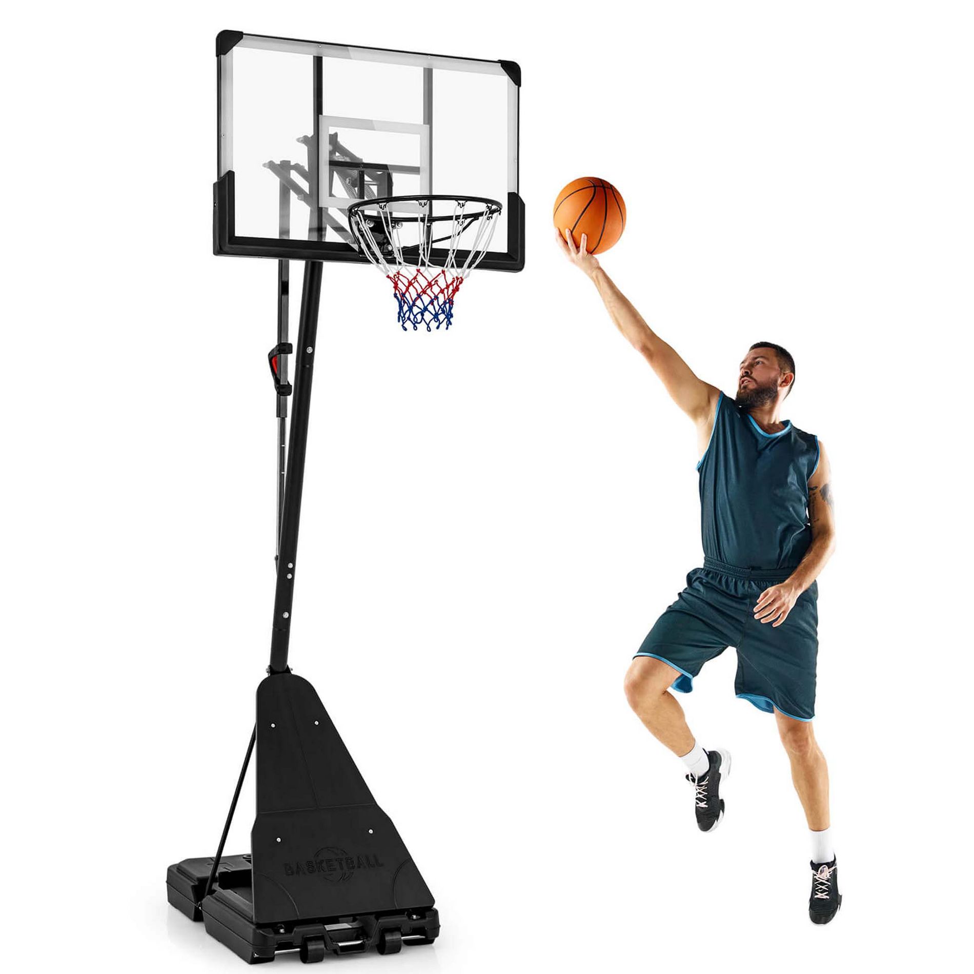 Costway 4.9-10 FT Basketball Hoop System with 44 Inch Shatterproof Backboard with Wheels