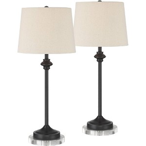 360 Lighting Lynn Modern Industrial Buffet Table Lamps Set of 2 with Round Risers 27" Tall Bronze Metal Oatmeal Drum Shade for Bedroom Living Room - 1 of 4