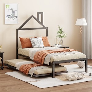 CAVINAS Twin Size Bed Frame with House-Shaped Headboard Design, Twin Size Metal Platform Bed, Black - 1 of 4