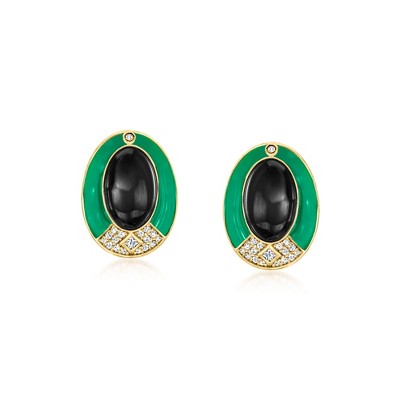 Ross-Simons Onyx and .16 ct. t.w. White Topaz Art Deco-Style Earrings With Green Enamel in 18kt Gold Over Sterling
