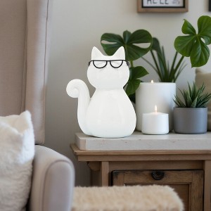 Sagebrook Home Cat with Glasses Sculpture - Contemporary Porcelain White and Black Cat Statue for Home or Office Decor - 1 of 4