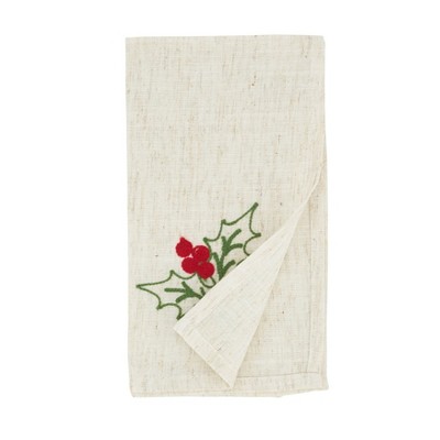 Natural Embroidered Holly Holiday Placemats and Napkins Set