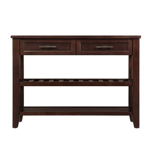 Vynxaria Mid-Century Solid Wood Buffet Console Table 42"L×13.78"W×30"H, 2 Drawers and 2 Tier Shelves, Iron Handles - 1 of 4