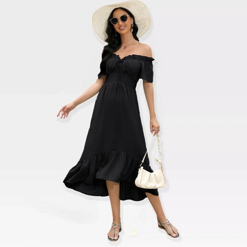 Womens Elegant Dress Ruffled Neckline Flutter Short Sleeve Maxi Dress Off Shoulder Empire Waist Dress with Flounce Hem Black S