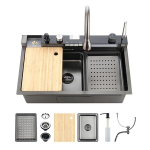 Cobbe Nano gray All-In-One 29.5" Stainless Steel Single bowl Sink, Multifunctional Drop-in Single Bowl Workstation Kitchen Sink Kit with Accessories - 1 of 4