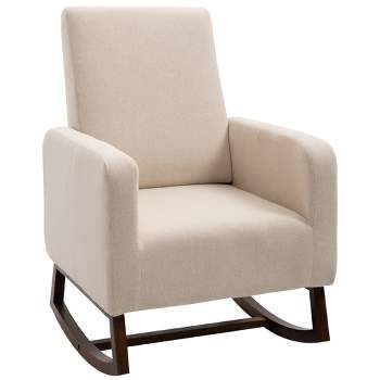 HOMCOM Accent Lounge Rocking Chair with Solid Curved Wood Base and Linen Padded Seat