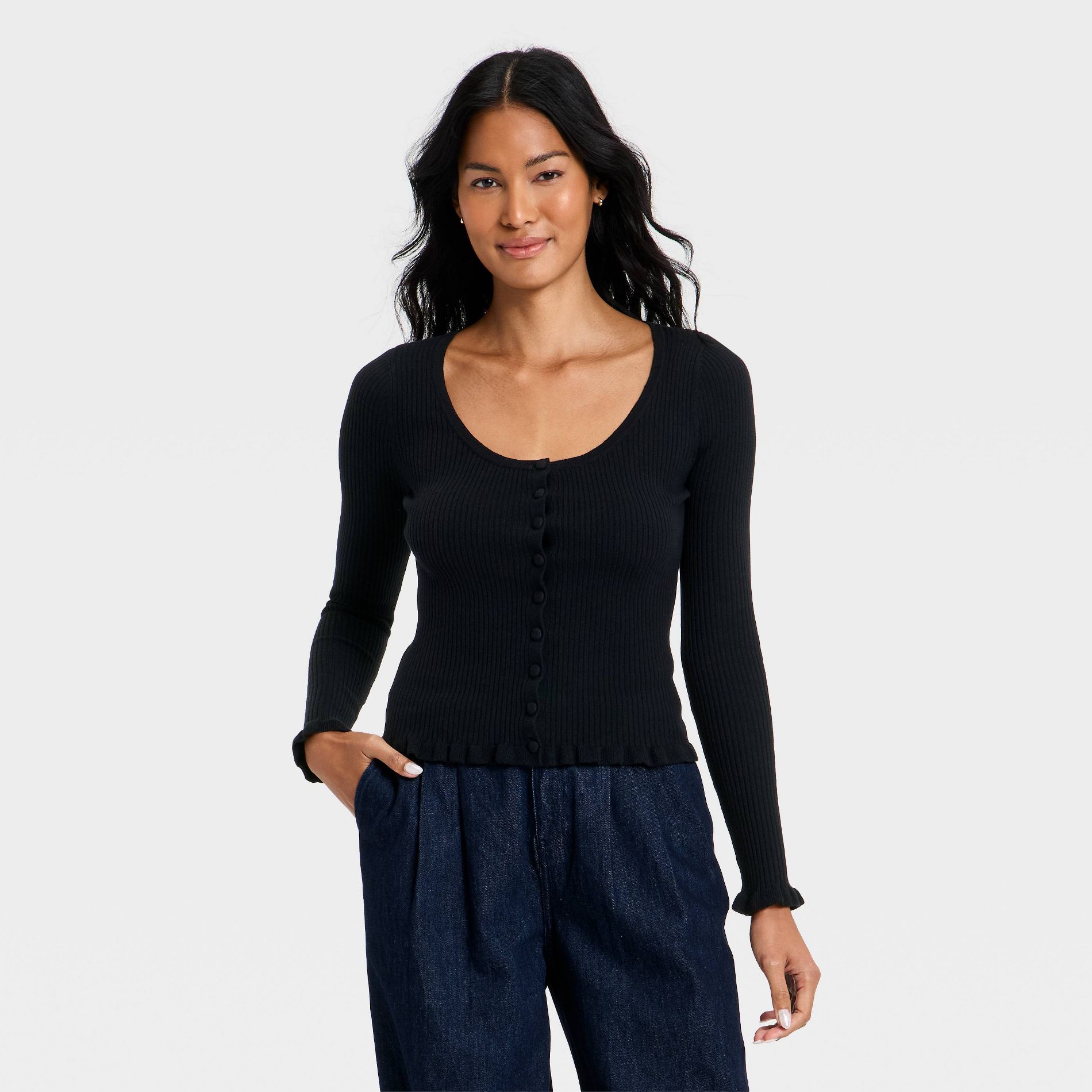 Women's Ruffle Scoop Neck Cardigan - A New Day™