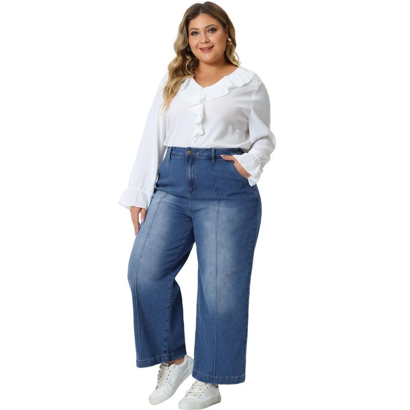 Agnes Orinda Women's Plus Size Wide Leg Baggy Washed Stretch with Pockets Denim Ankle Jeans, 3 of 6