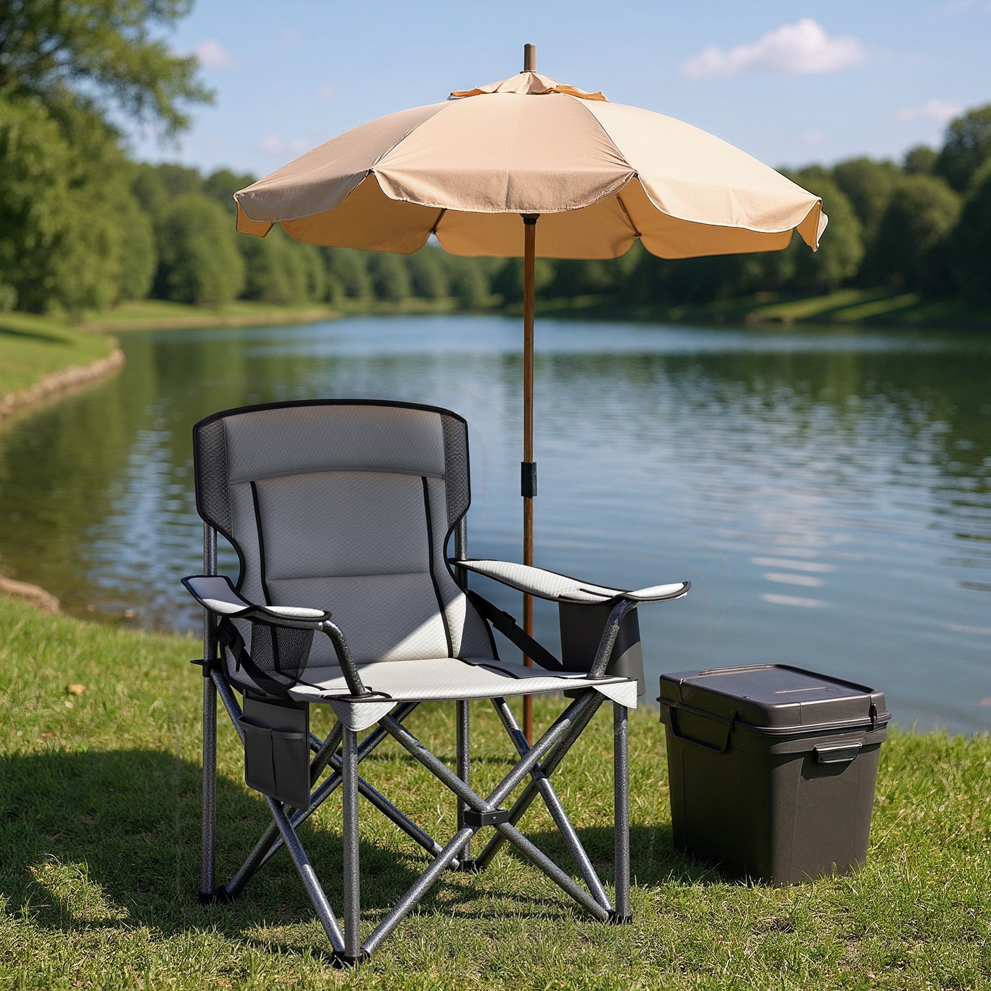 LEDREM Oversized Camping Chair, Heavy-Duty Outdoor Folding Chair Comfortable Lumbar Support, Gray