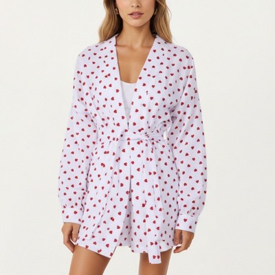 Anna-Kaci Lounge Women's Heart Print Lounge Set with Open Front Shirt, Tie Waist Shorts, and Matching Belt- Pink,Small