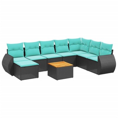 vidaXL 9 Piece Garden Sofa Set with Cushions Black and Blue Poly Rattan